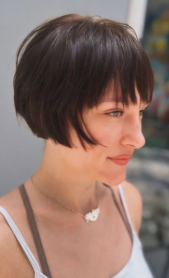 Sleek Straight Jawline Dark Brown Bob With Micro Bangs — French Bob