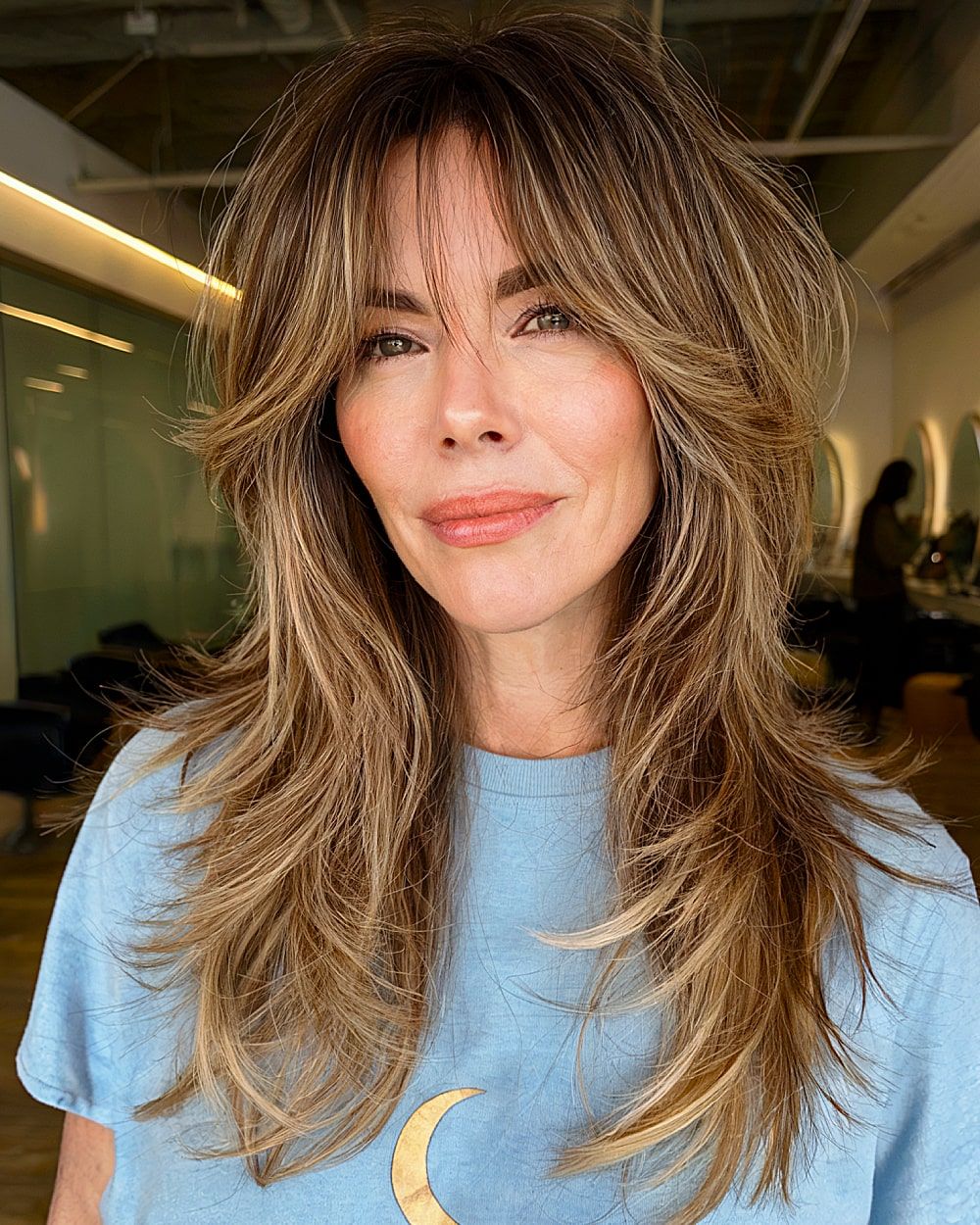 Honey Blonde Balayage With Face-Framing Bangs — Long Wolf Cut