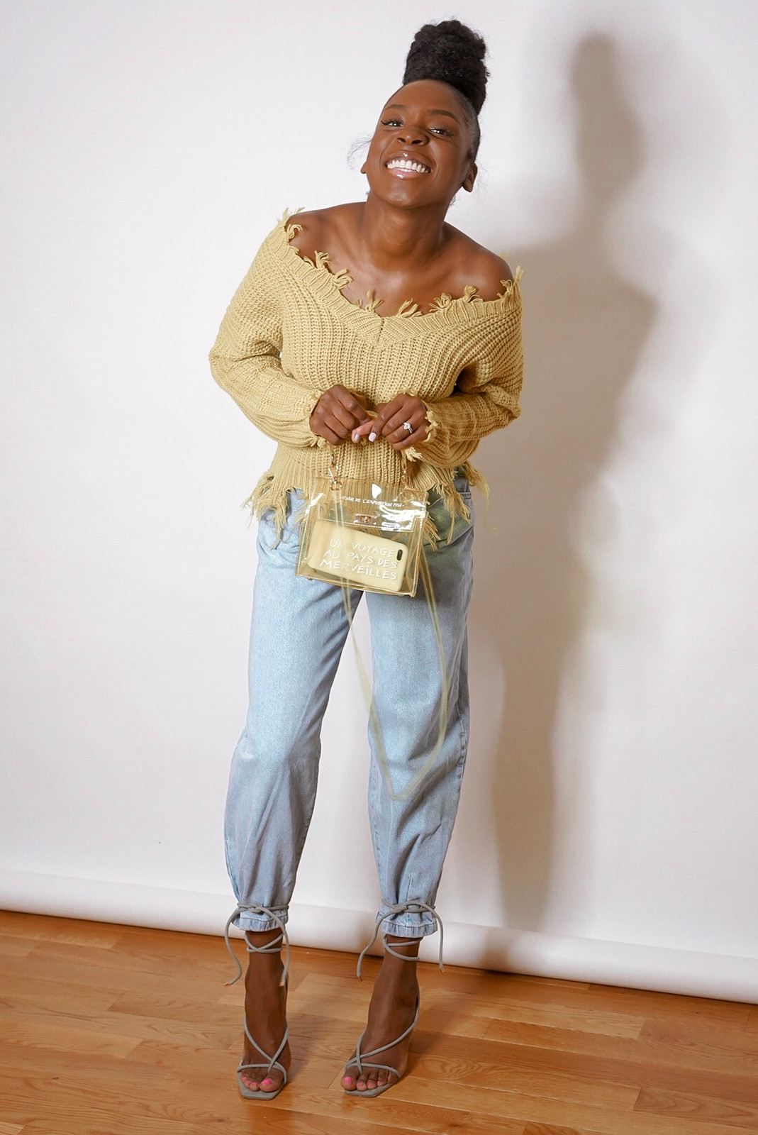 Casual Cool: Grey Strappy Heels with Distressed Denim and a Knit Sweater Casual Cool: Grey Strappy Heels with Distressed Denim and a Knit Sweater — Strappy Heels Outfits