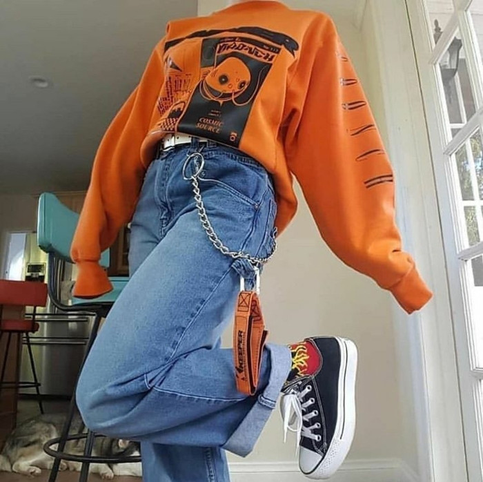 Vibrant Graphic Sweatshirt with Baggy Jeans for a Relaxed Look — E-Girl Outfits