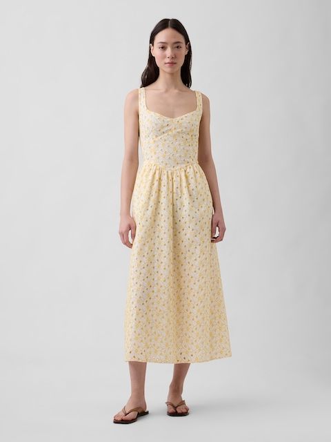 Yellow Floral Embroidered Midi Dress Yellow Floral Embroidered Midi Dress — Casual Dresses