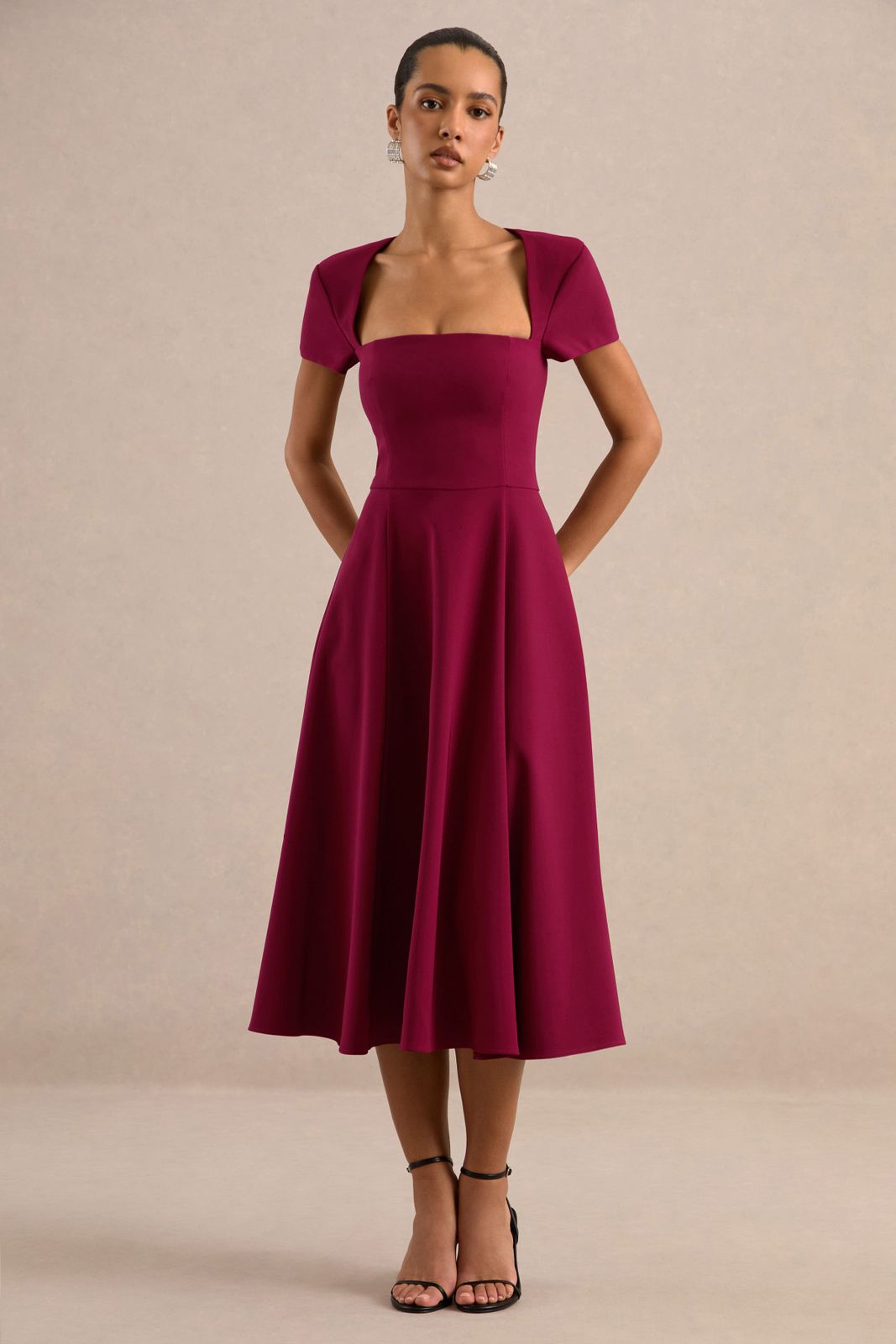 Deep Magenta Fit and Flare Midi Dress with Square Neckline Deep Magenta Fit and Flare Midi Dress with Square Neckline — Club Dresses