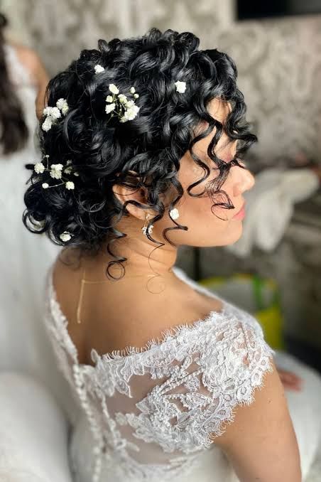 Short Black Curly Updo with Baby's Breath — Wedding Hairstyles with Flowers