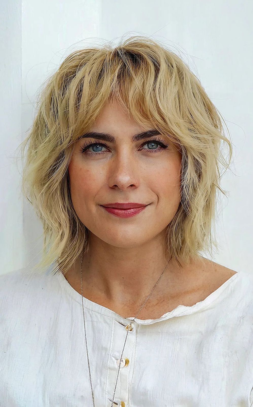 Honey Blonde Shaggy Bob Curtain Bangs Honey Blonde Shaggy Bob Curtain Bangs