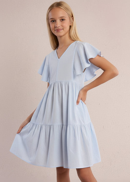 Light Blue and White Striped Dress with Flutter Sleeves — Tween Dresses