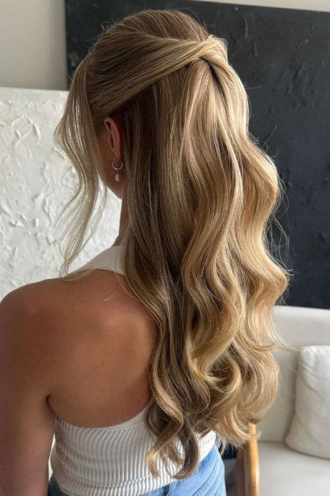 Blonde Wavy Twisted Half Up Blonde Wavy Twisted Half Up — Sleek Half Up Half Down
