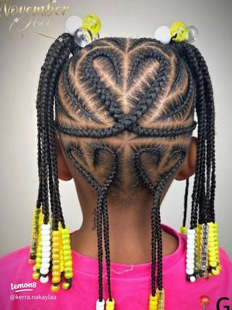 Heart Cornrow Patterns With Yellow Beads — Kids Braids with Beads