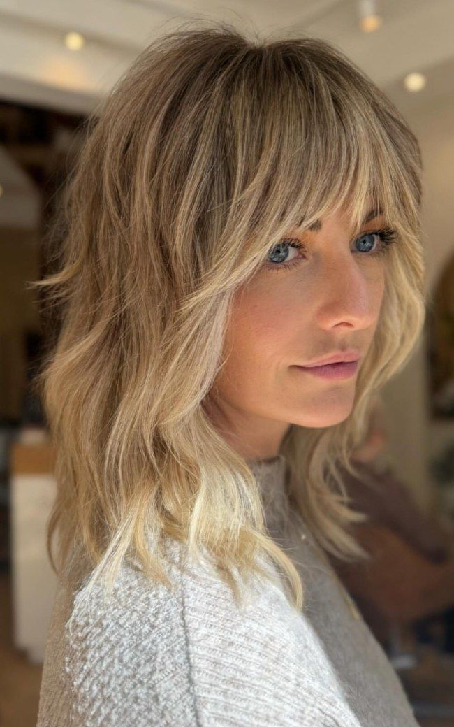 Beige Blonde Shag With Full Fringe Beige Blonde Shag With Full Fringe — Shag Haircut