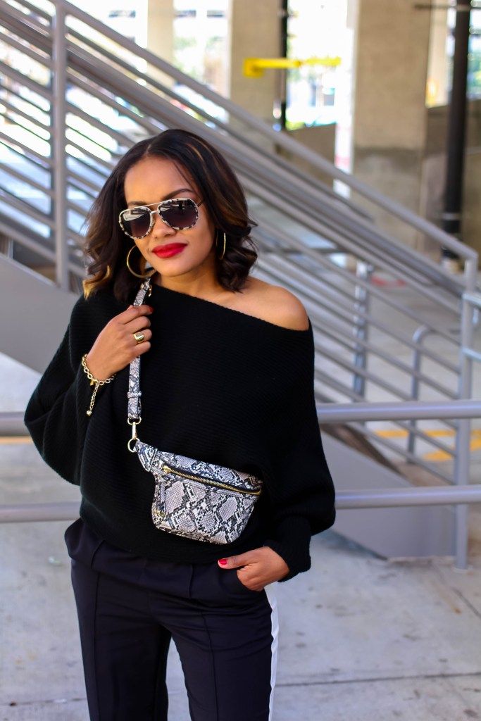 Oversized Comfort: Snakeskin Fanny Pack with Sweater Oversized Comfort: Snakeskin Fanny Pack with Sweater — Fanny Pack Outfits