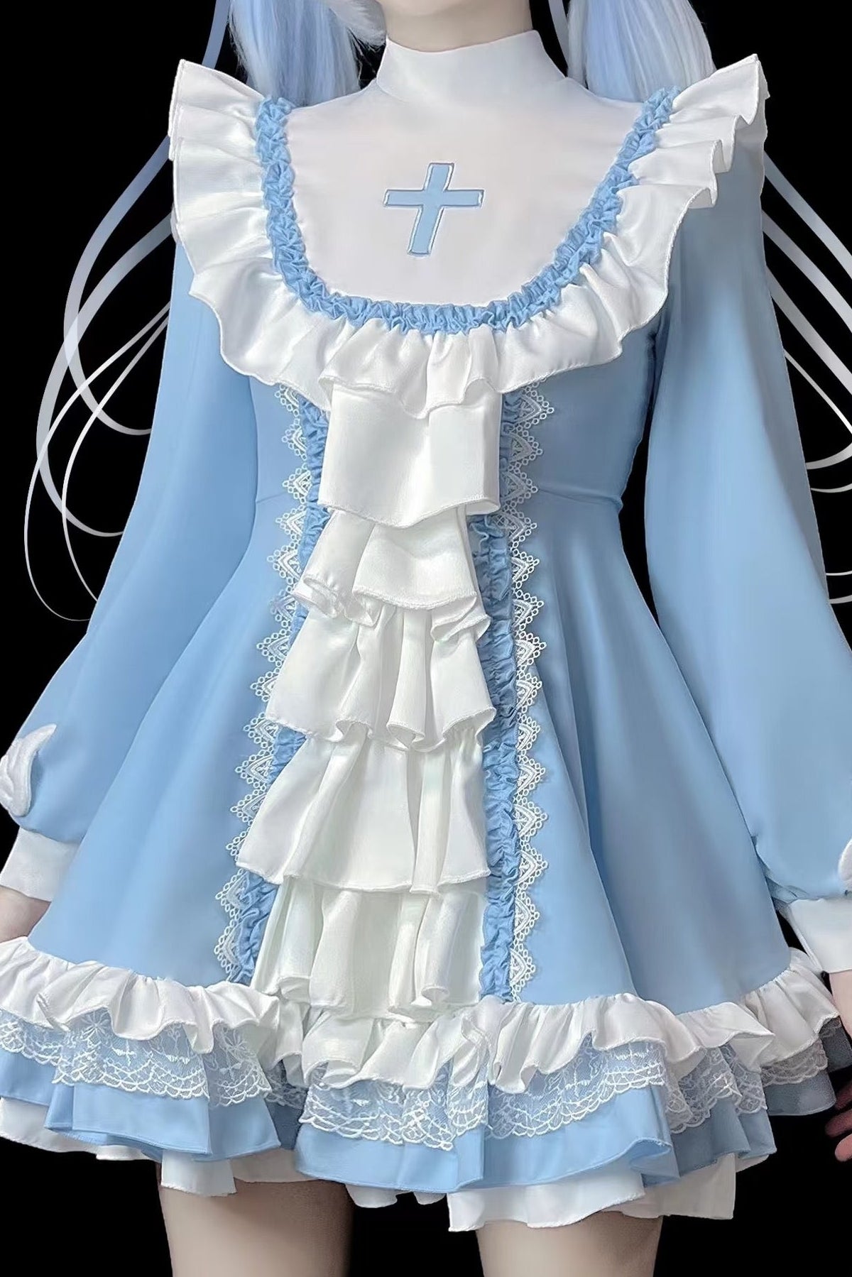 Light Blue Satin Dress with Cross Detail — Angelcore Outfits