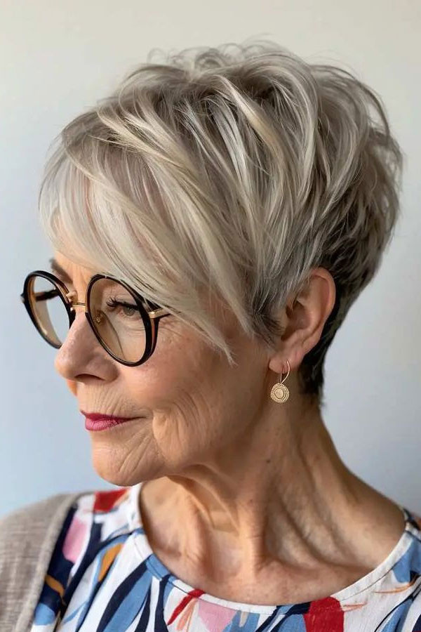 Silver Blonde Pixie With Long Bangs — Short Haircuts with Glasses