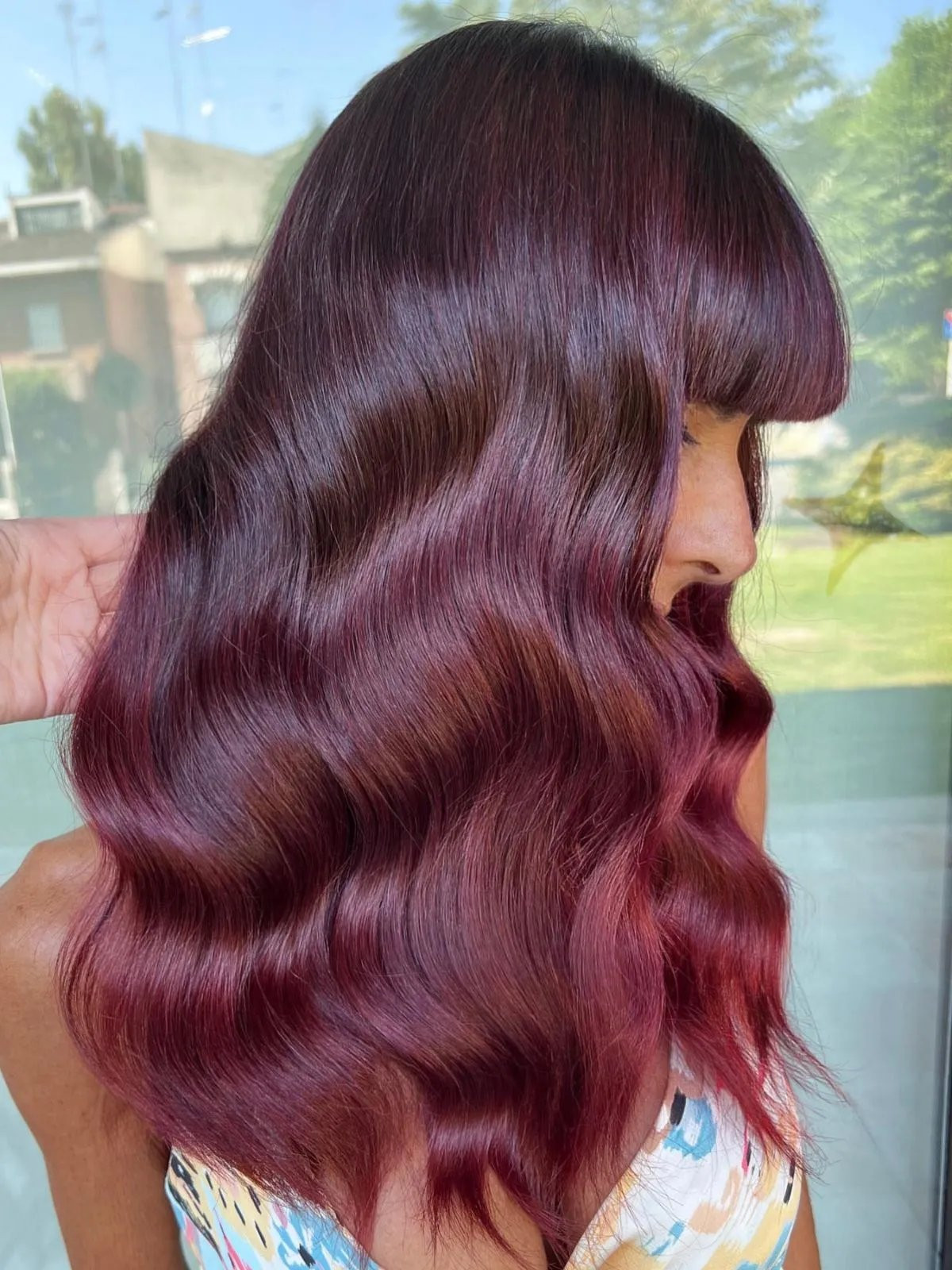 Glossy Maroon with Blunt Bangs Glossy Maroon with Blunt Bangs — Maroon Hair