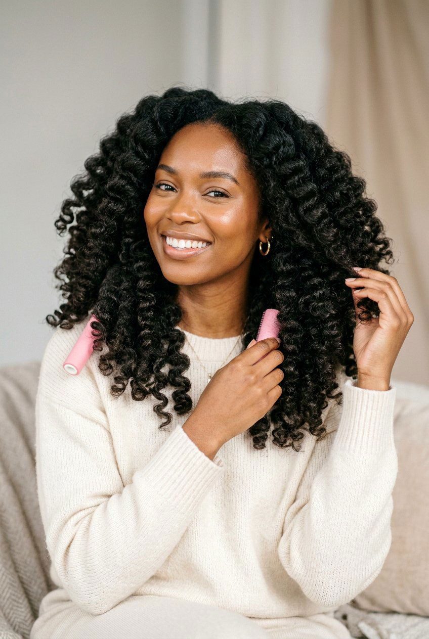 Mid-Back Natural Black Curls Mid-Back Natural Black Curls — Roller Set Hairstyles