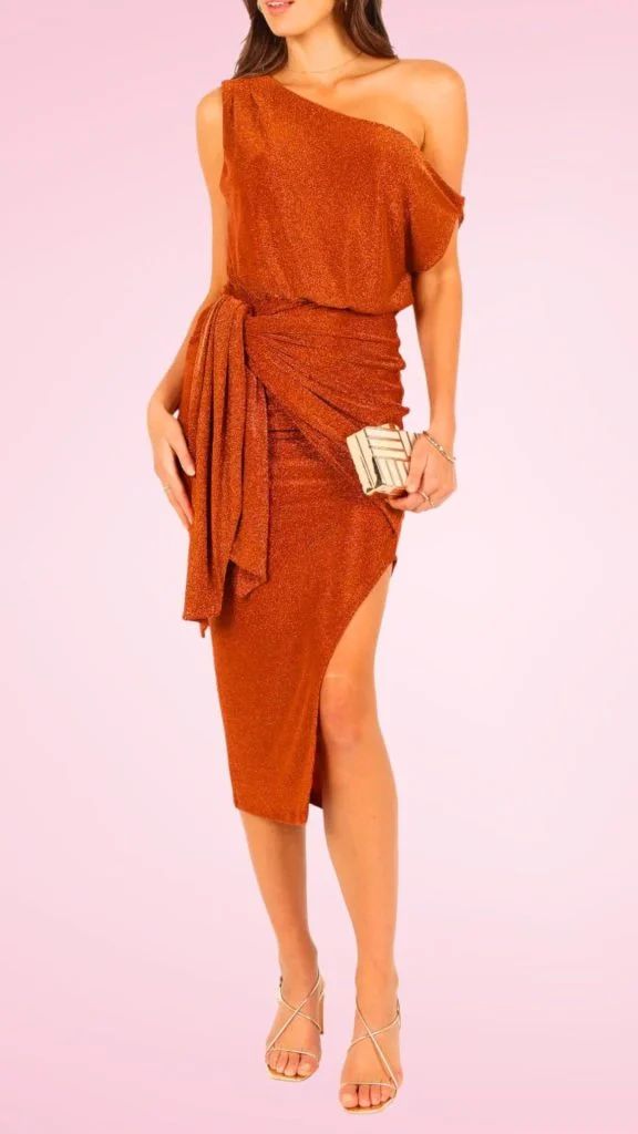 Shimmering Bronze One-Shoulder Dress for Evening Glamour Broadway Outfits