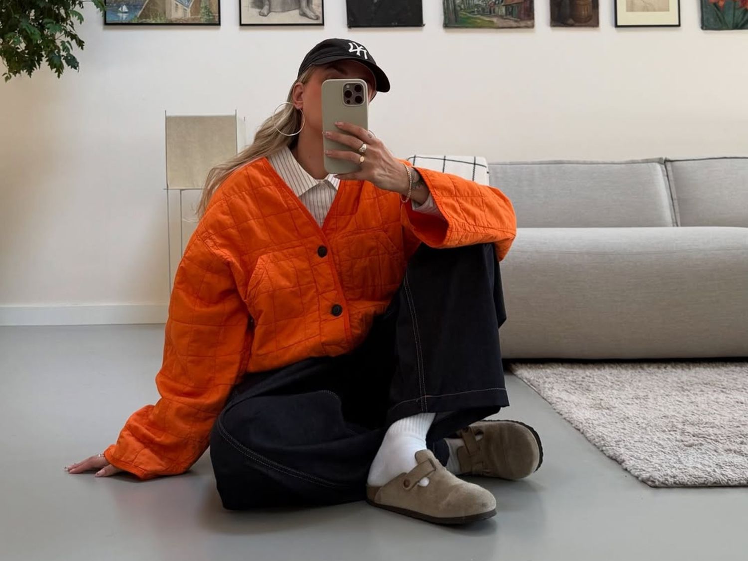 Bold Orange Jacket Meets Beige Birkenstocks with Dark Trousers Bold Orange Jacket Meets Beige Birkenstocks with Dark Trousers — Birkenstock Outfits