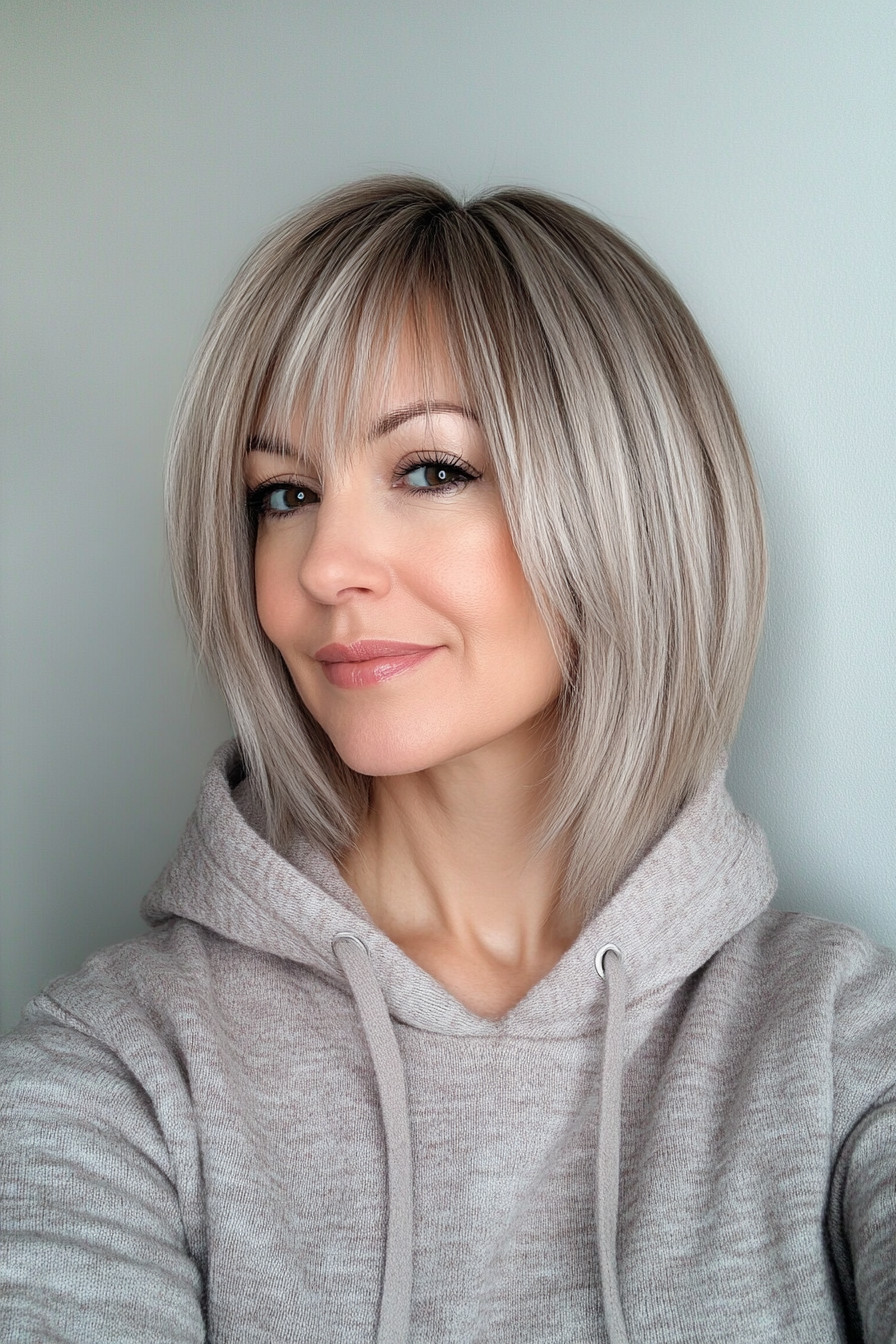 Chin Length Ash Blonde Bob With Blunt Bangs Chin Length Ash Blonde Bob With Blunt Bangs — Blonde Hair Over 40