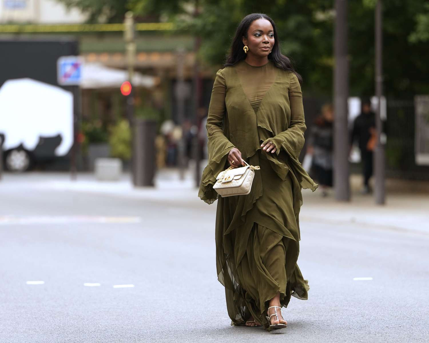 Flowing Olive Green Dress with Layered Chiffon Sleeves Flowing Olive Green Dress with Layered Chiffon Sleeves — Semi Formal Outfits
