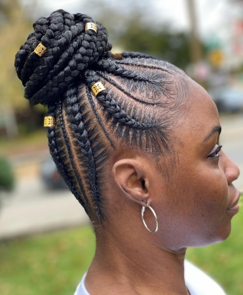 Cornrows Transitioning to a Bun with Gold Beads Cornrows Transitioning to a Bun with Gold Beads — Cornrow Bun