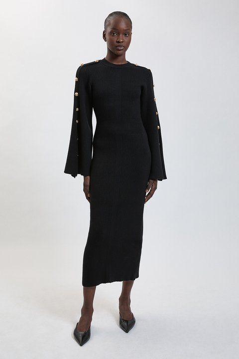 Black Ribbed Knit Midi Dress with Gold Button Details — Military Ball Dresses