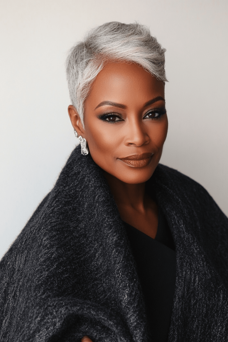 Classic Silver Pixie With Textured Fringe — Haircuts for Black Women Over 60