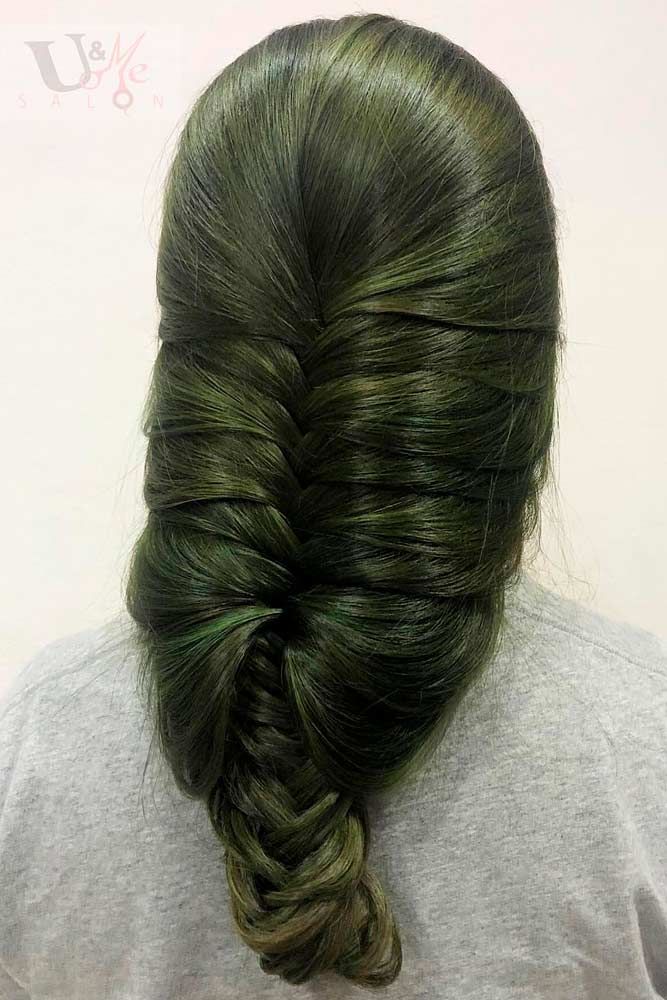 Fishtail Braid In Deep Green Fishtail Braid In Deep Green — Olive Green Hair