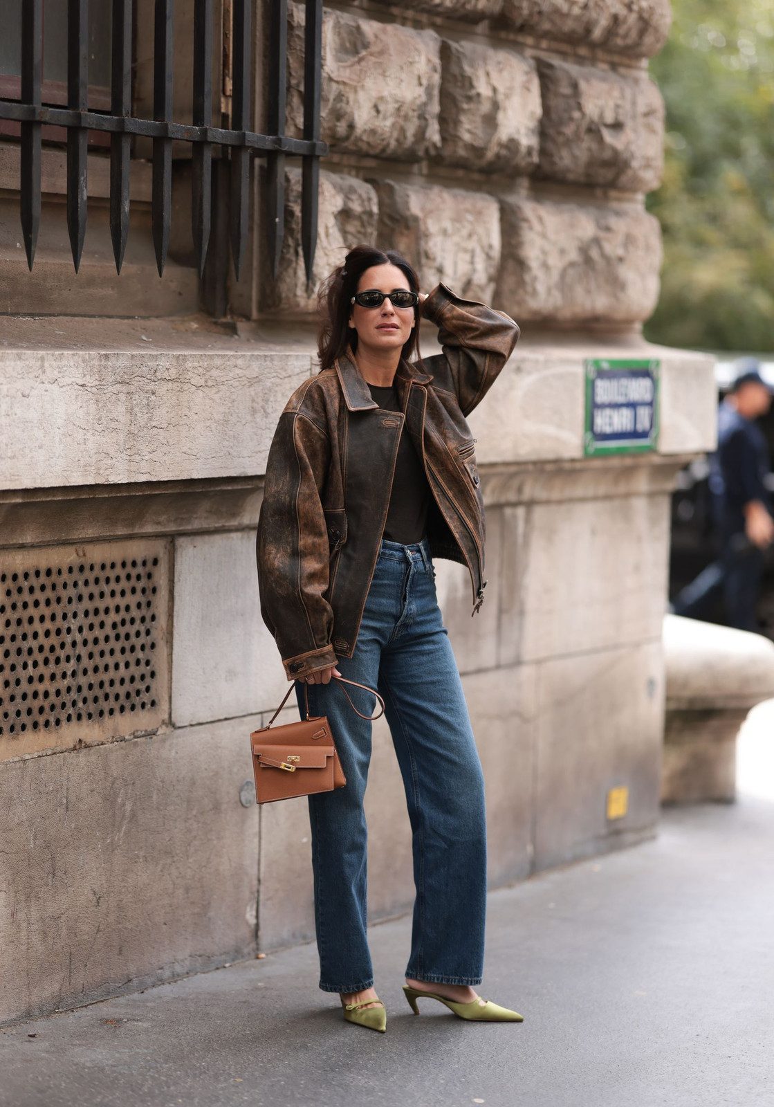 Blue Jeans, Grey Tee, Leather Jacket, and Green Pointed Heels — Heels with Jeans Outfits