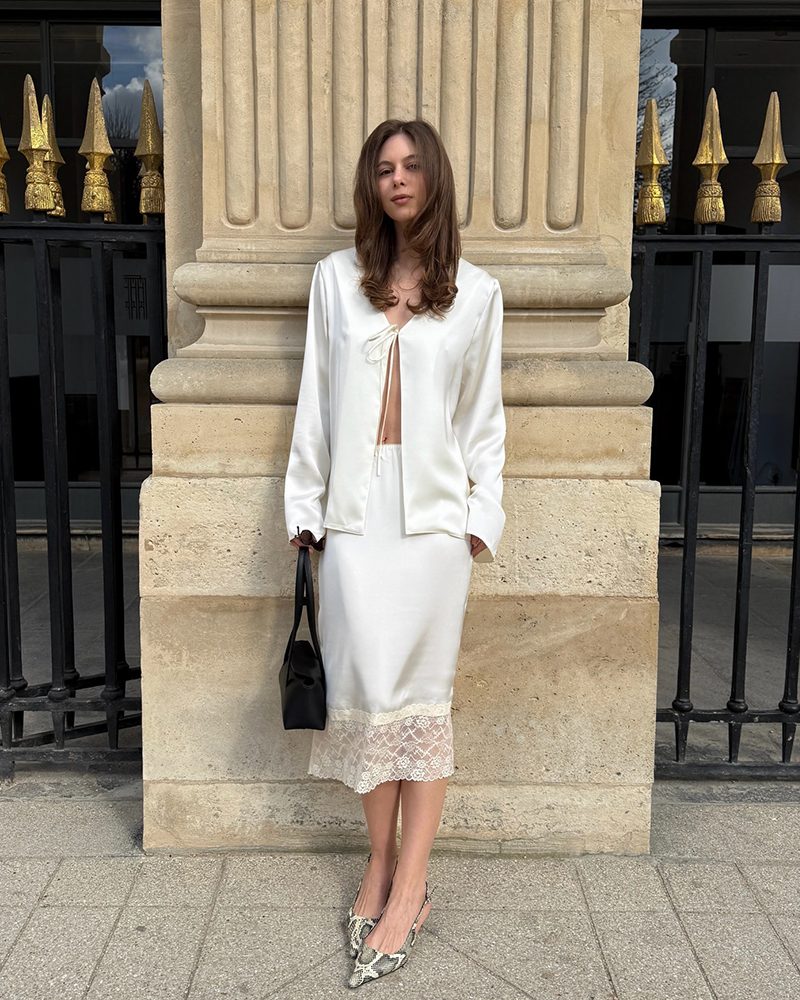 Ivory Satin Midi Skirt with Matching Jacket — Midi Skirt Outfits