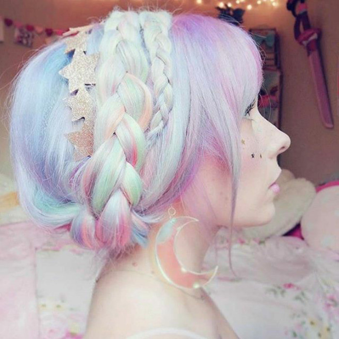 Chin Length Bob With Braids And Pastels — Holographic Hair