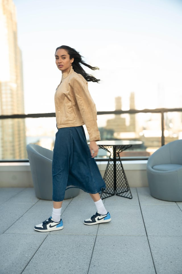Denim Midi Skirt and Jacket with Jordan 1s — Jordan 1 Outfits