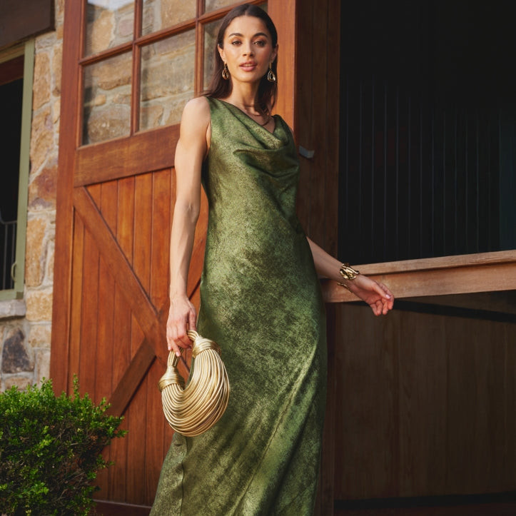 Elegant Olive Green Cowl Neck Dress for Evening — Mod Outfits