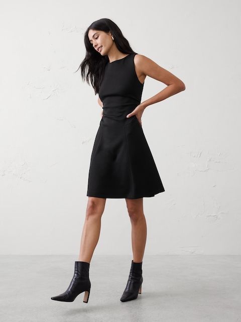Casual Black Fit and Flare Dress with Ankle Boots — Knee Length Dresses