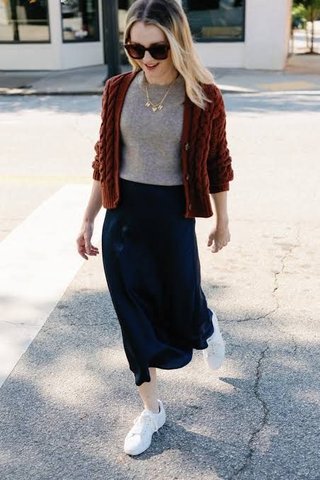 Navy Slip Skirt with Cardigan and Sneakers — Slip Skirt Outfits