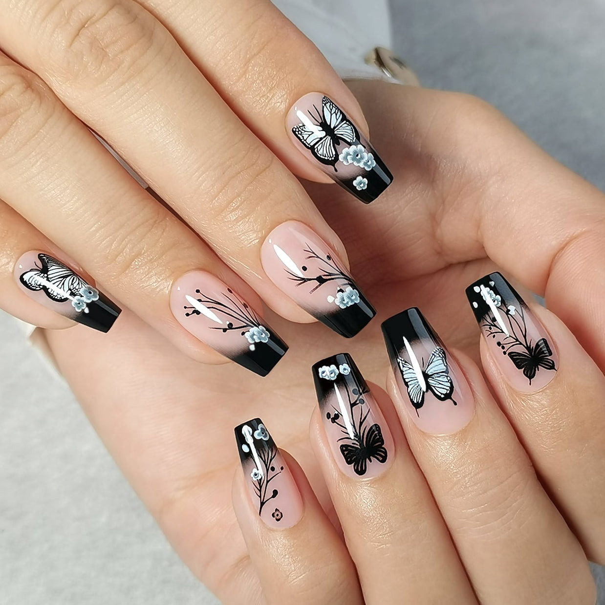 Black Butterfly Motif Gradient Coffin Black Butterfly Motif Gradient Coffin — Butterfly Nails