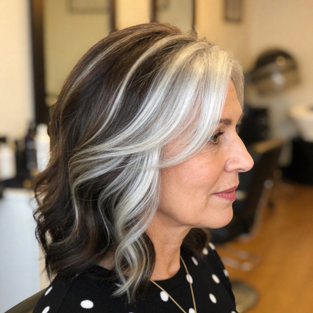 Dark Brown Lob With Bold White Streaks Dark Brown Lob With Bold White Streaks — Hair Color Trends