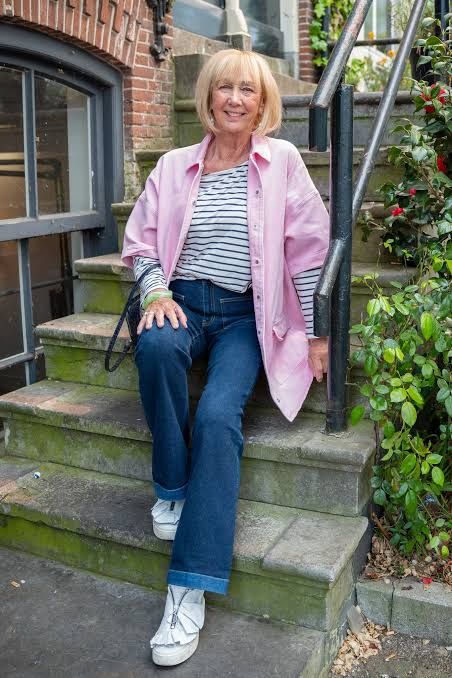 Vibrant Pink Jacket Over Striped Shirt and Jeans Vibrant Pink Jacket Over Striped Shirt and Jeans — Amsterdam Outfits
