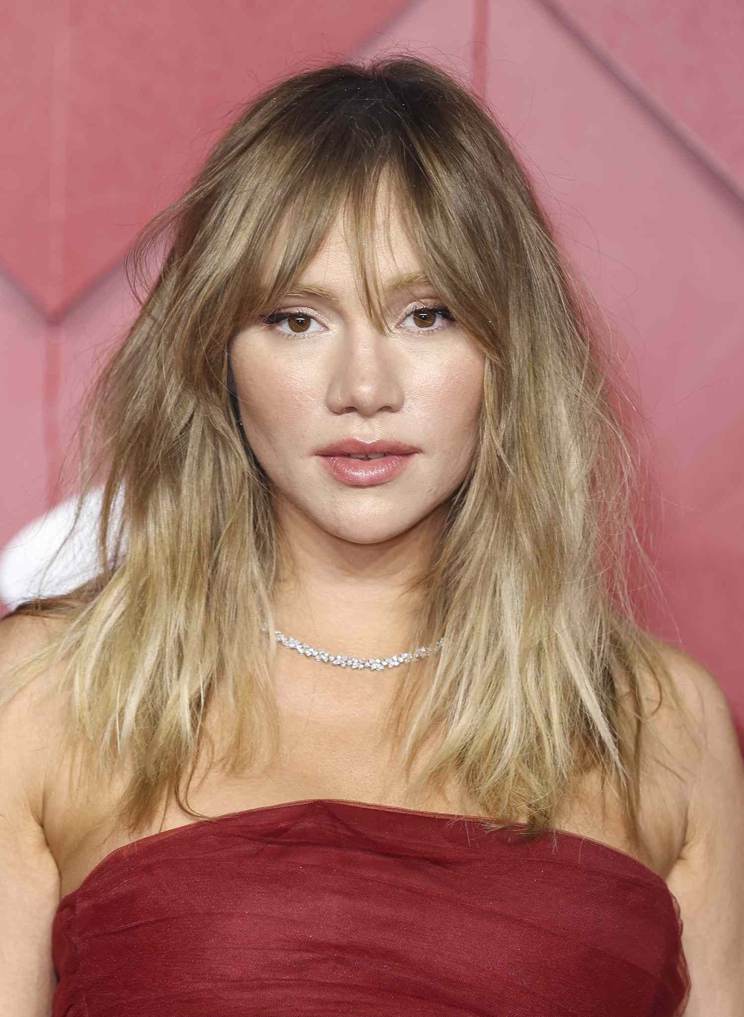 Red Strapless Silk Dress with Wispy Bangs