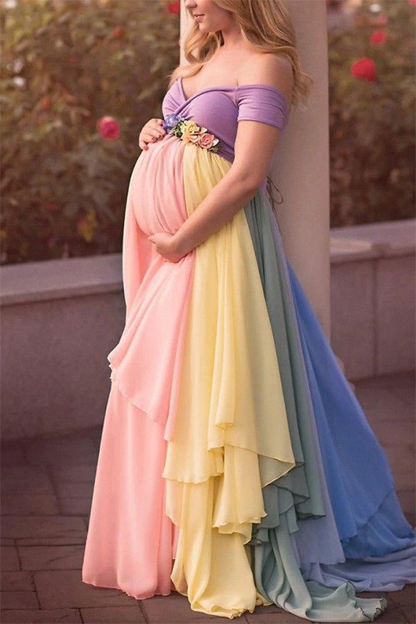 Rainbow Tiered Maxi Dress with Off-Shoulder Neckline for a Festive Baby Shower Rainbow Tiered Maxi Dress with Off-Shoulder Neckline for a Festive Baby Shower — Baby Shower Dresses