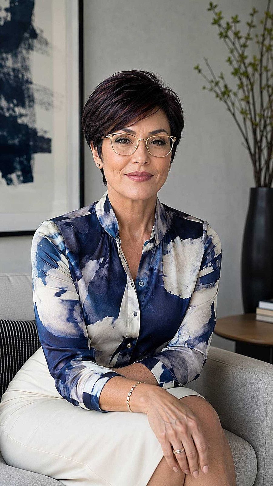 Textured Chin-Length Pixie Auburn Highlights Textured Chin-Length Pixie Auburn Highlights — Pixie with Glasses