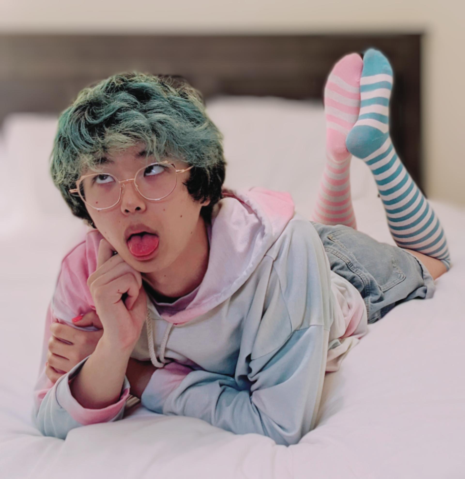 Playful Femboy Outfit with Tie-Dye Hoodie and Striped Thigh-Highs Playful Femboy Outfit with Tie-Dye Hoodie and Striped Thigh-Highs — Femboy Outfits