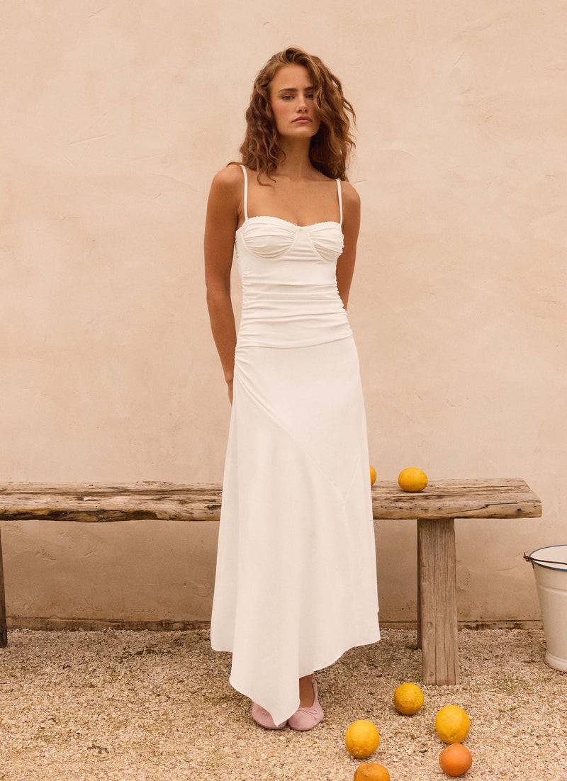 Off-White Ruched Bustier Midi Dress with Draped Skirt — Graduation Dresses