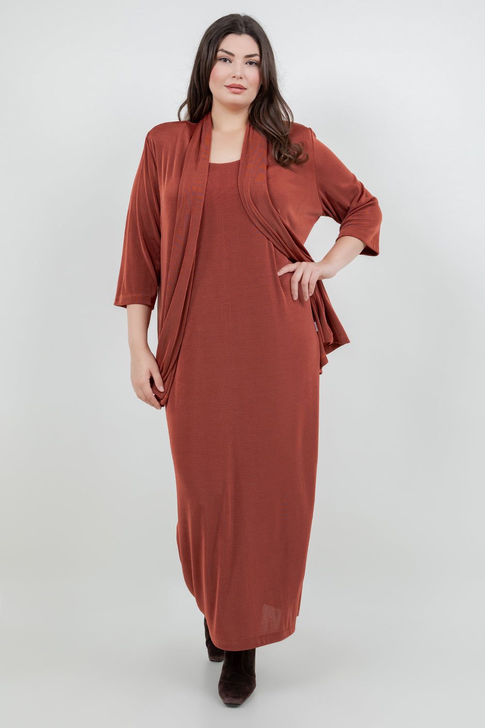 Maxi Dress with Draped Cardigan for Evening or Casual Wear Outfits to Hide Belly