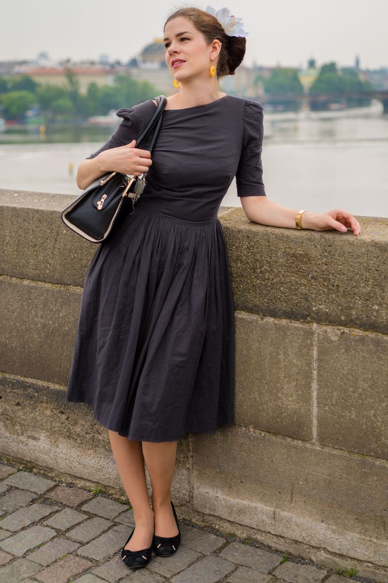 Charcoal Grey Midi Dress with Ballet Flats and Hair Accessory — Prague Outfits