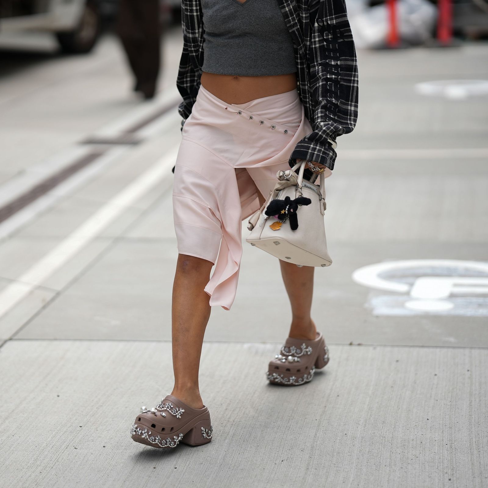 Street Chic: Pink Platform Crocs with Satin Skirt — Crocs Outfits