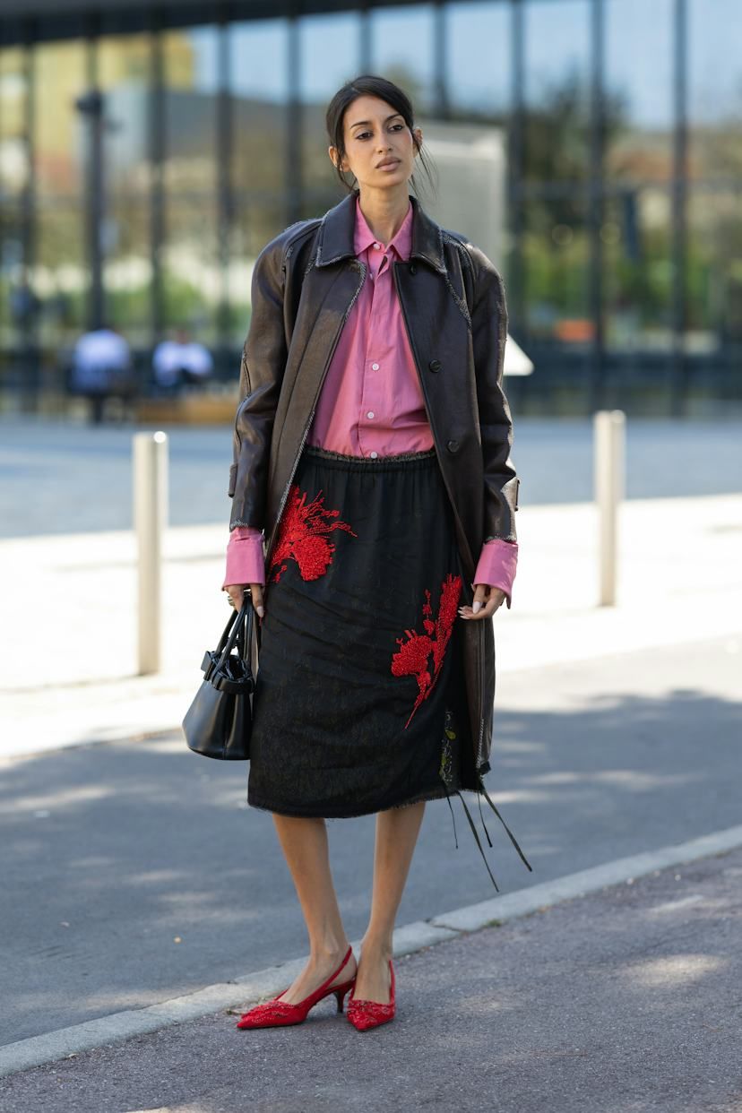 Embellished Wrap Skirt with a Leather Coat Embellished Wrap Skirt with a Leather Coat — Wrap Skirt Outfits