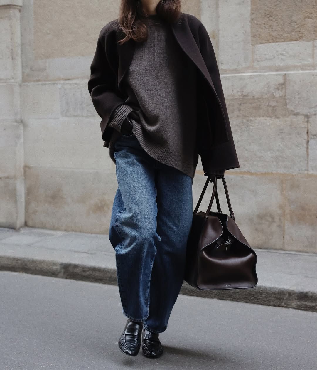 Oversized Sweater and Wide-Leg Jeans with Patent Loafers — Penny Loafers Outfits