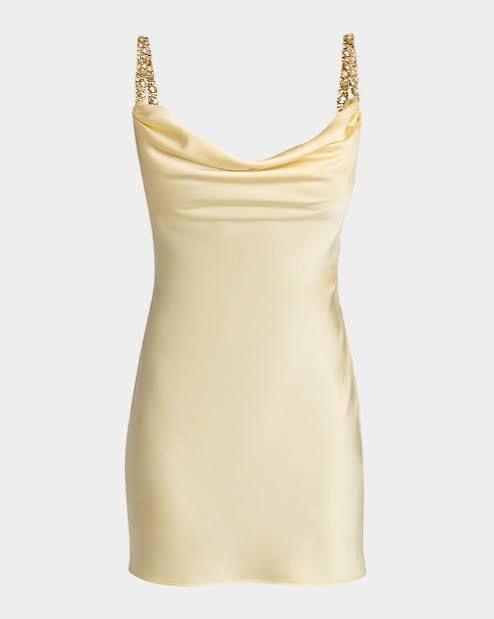 Pale Yellow Satin Mini Slip Dress with Embellished Straps — Party Dresses