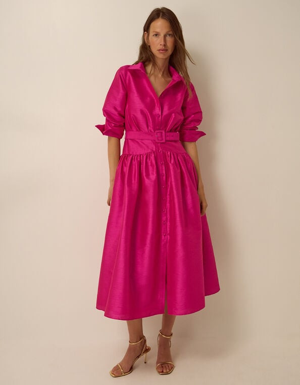 Hot Pink Shirt Dress with Gold Strappy Sandals for Events — Shirt Dress Outfits