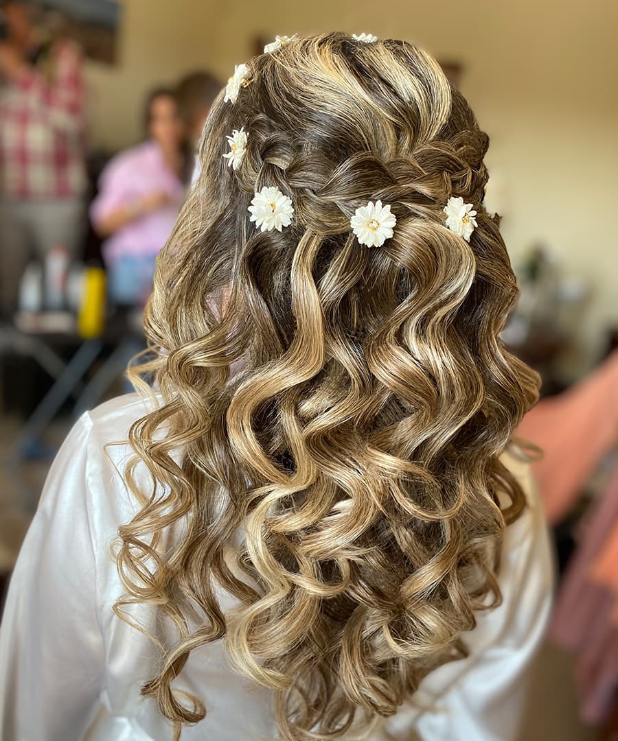Blonde Braided Updo With Flowers Blonde Braided Updo With Flowers — Wedding Hairstyles