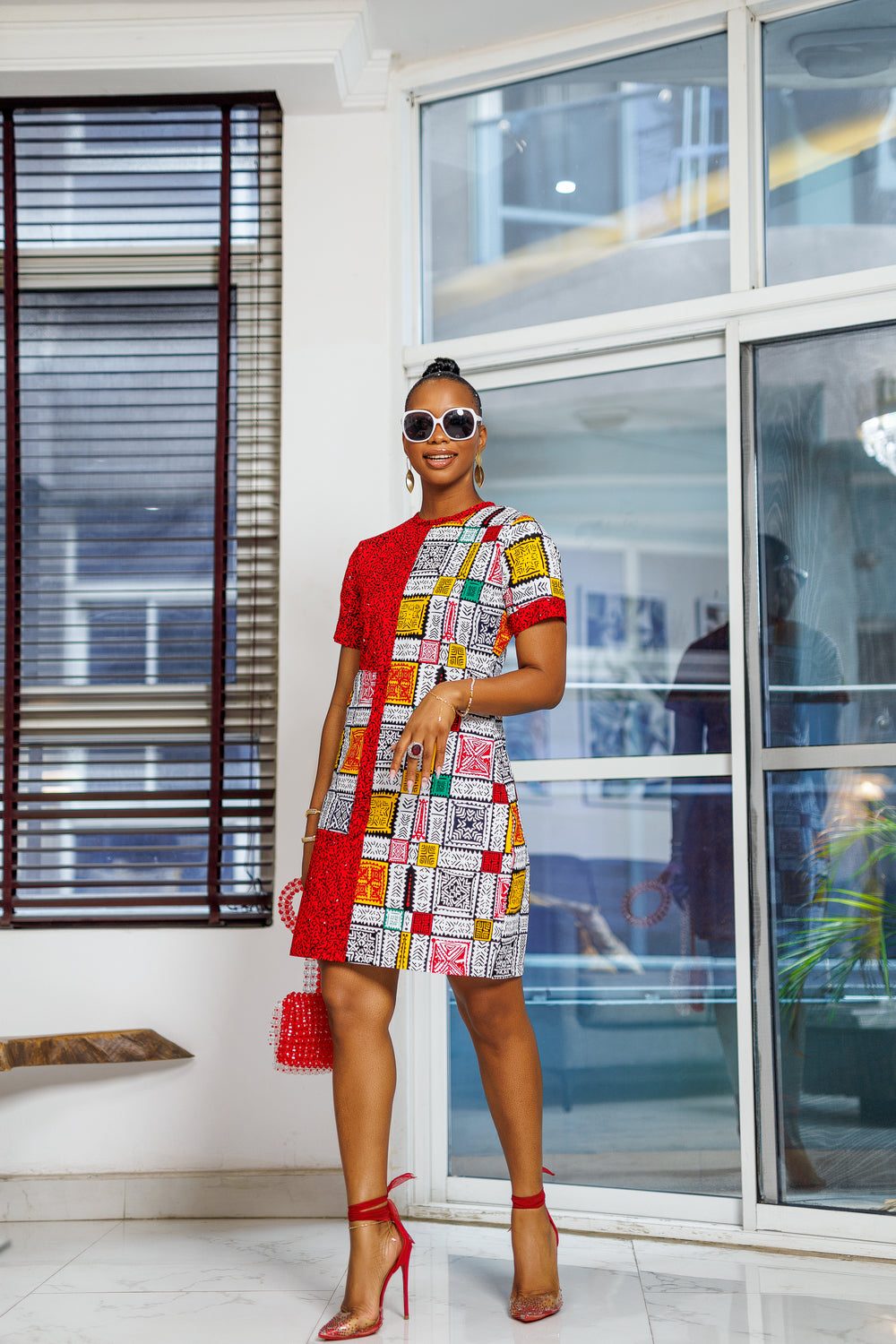 Daytime Midi Dress with Geometric Print and Red Accents — African Print Dresses