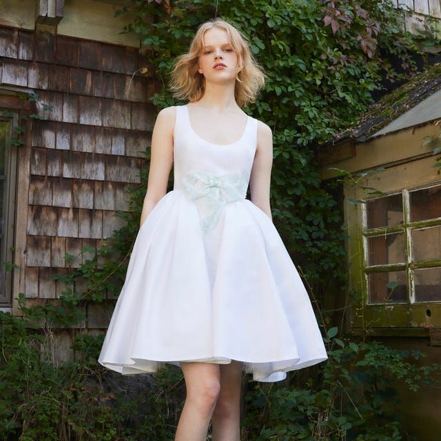 White Fit-and-Flare Dress with Mint Green Bow Sash — Rehearsal Dinner Dresses
